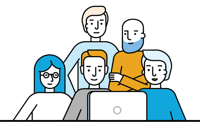 drawing of a group looking at a laptop